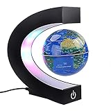 Magnetischer Schwimmender Globus mit farbigen LED-Lichtern C-Form Anti-Schwerkraft-Magnetschwebebahn Rotierende Weltkarte für Geschenk Home Office Schreibtischdekoration (Mit Schalter, Blau)