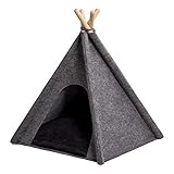 MYANIMALY Tipi Zelt für Haustiere, Katzenzelt, Haustierbett, Haustierhütte für Hunde und Katzen mit beidseitig anwendbarem Kissen, Gestell aus Kiefernholz (100 x 100 cm, Grau/Schwarz)