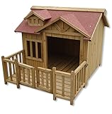 Wiltec Luxus XL Hundehütte 93,5 x 77,5 x 70 cm, braun, Hundehaus aus Holz mit Veranda, Hundehöhle Outdoor für Balkon Garten Terrasse